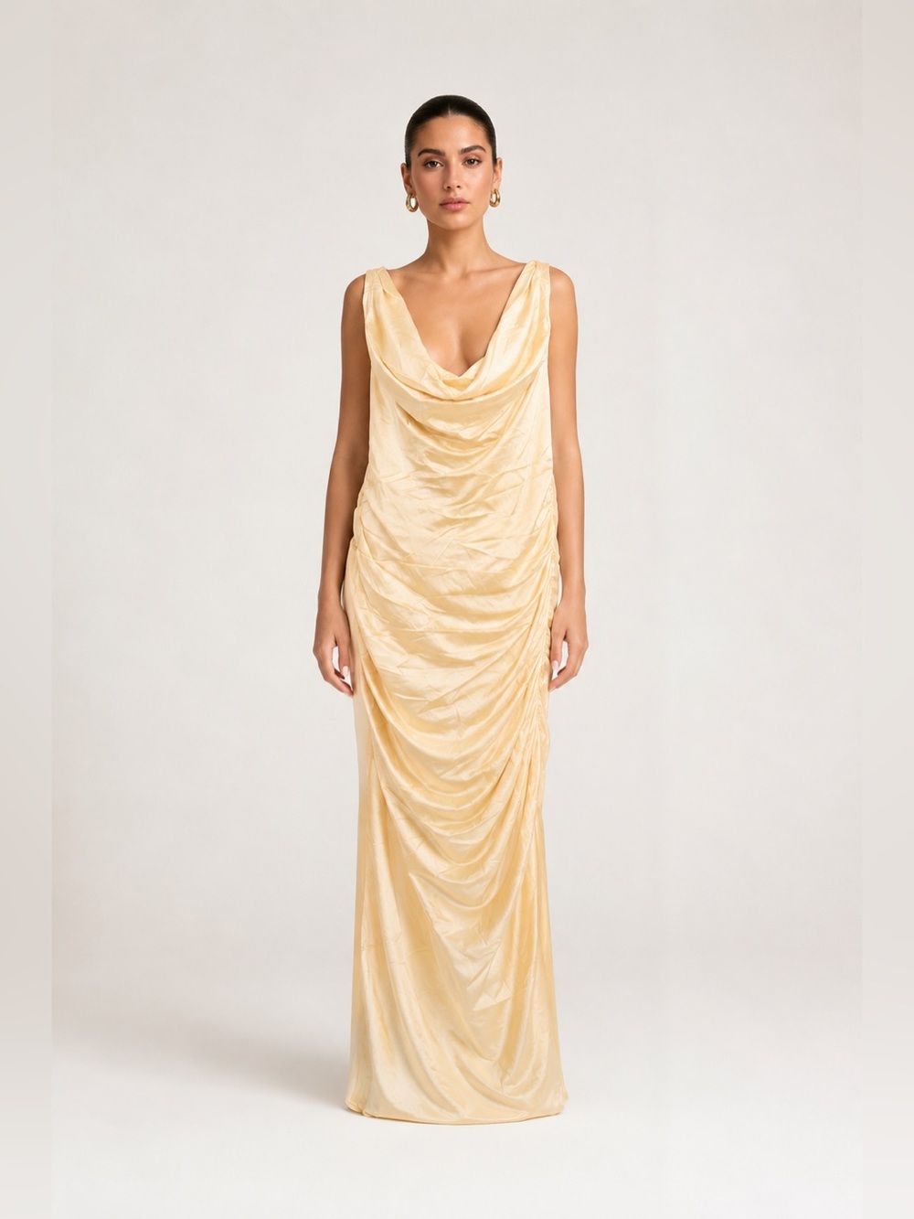 Abercrombie & Fitch Satin Draped Maxi Dress in Pale Yellow